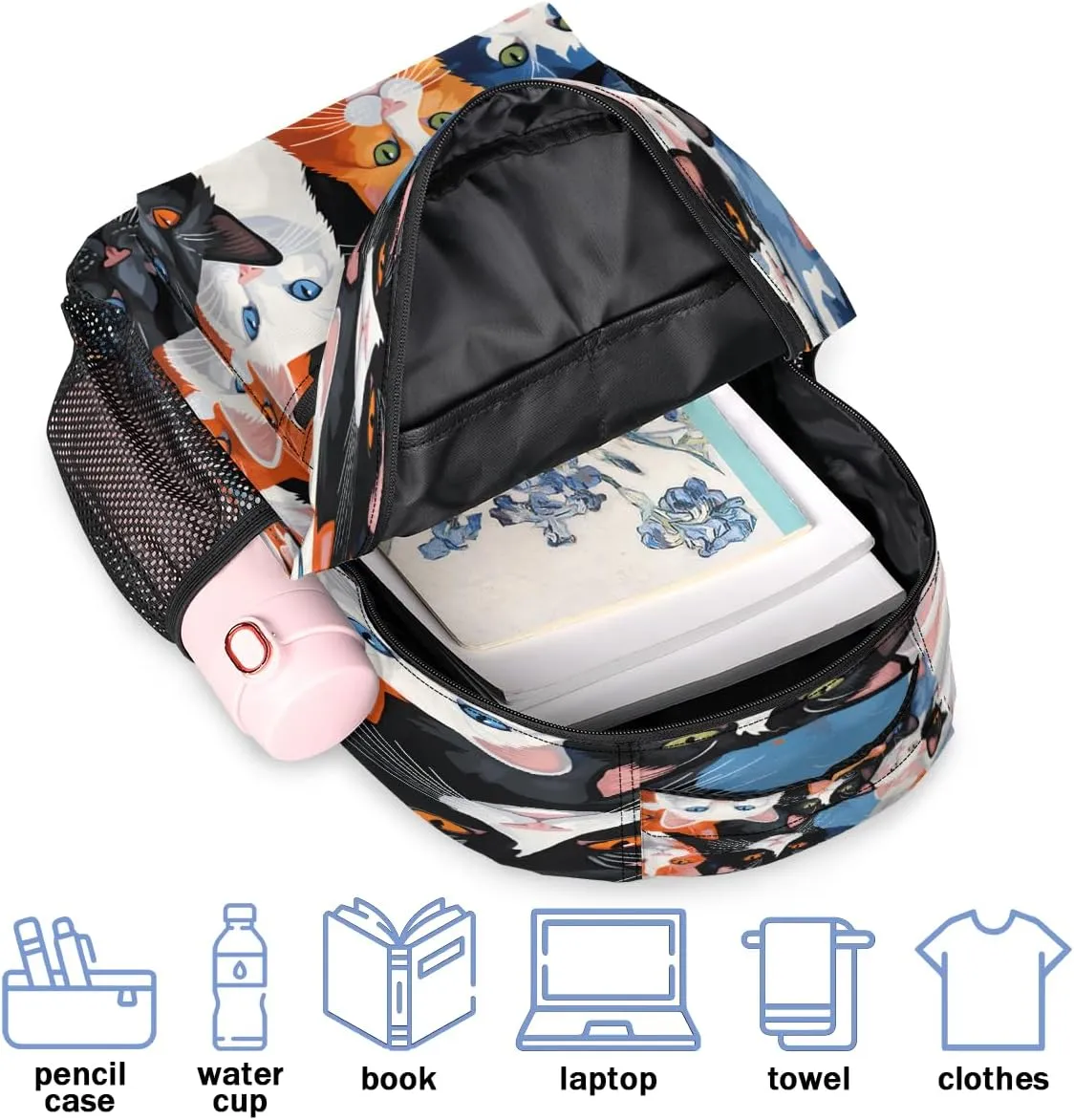 Backpack for Women Men, Waterproof Cute Cats Breeds Casual Back Packs, Lightweight Cat Prints Daypack Bags for Travel Camping Work