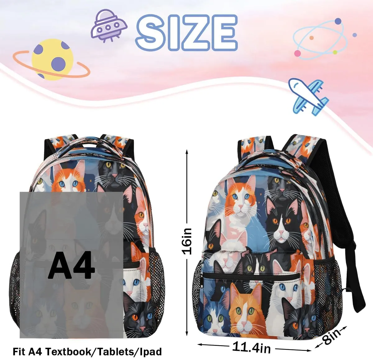 Backpack for Women Men, Waterproof Cute Cats Breeds Casual Back Packs, Lightweight Cat Prints Daypack Bags for Travel Camping Work