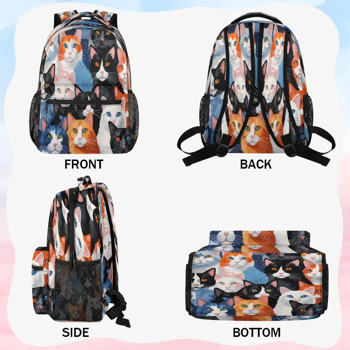 Backpack for Women Men, Waterproof Cute Cats Breeds Casual Back Packs, Lightweight Cat Prints Daypack Bags for Travel Camping Work