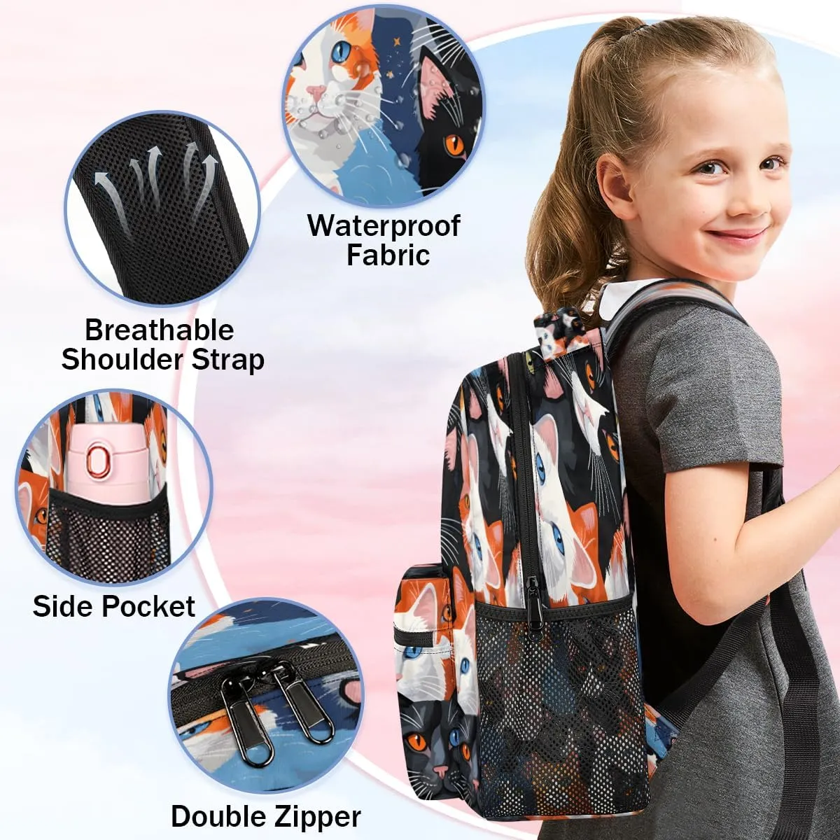 Backpack for Women Men, Waterproof Cute Cats Breeds Casual Back Packs, Lightweight Cat Prints Daypack Bags for Travel Camping Work