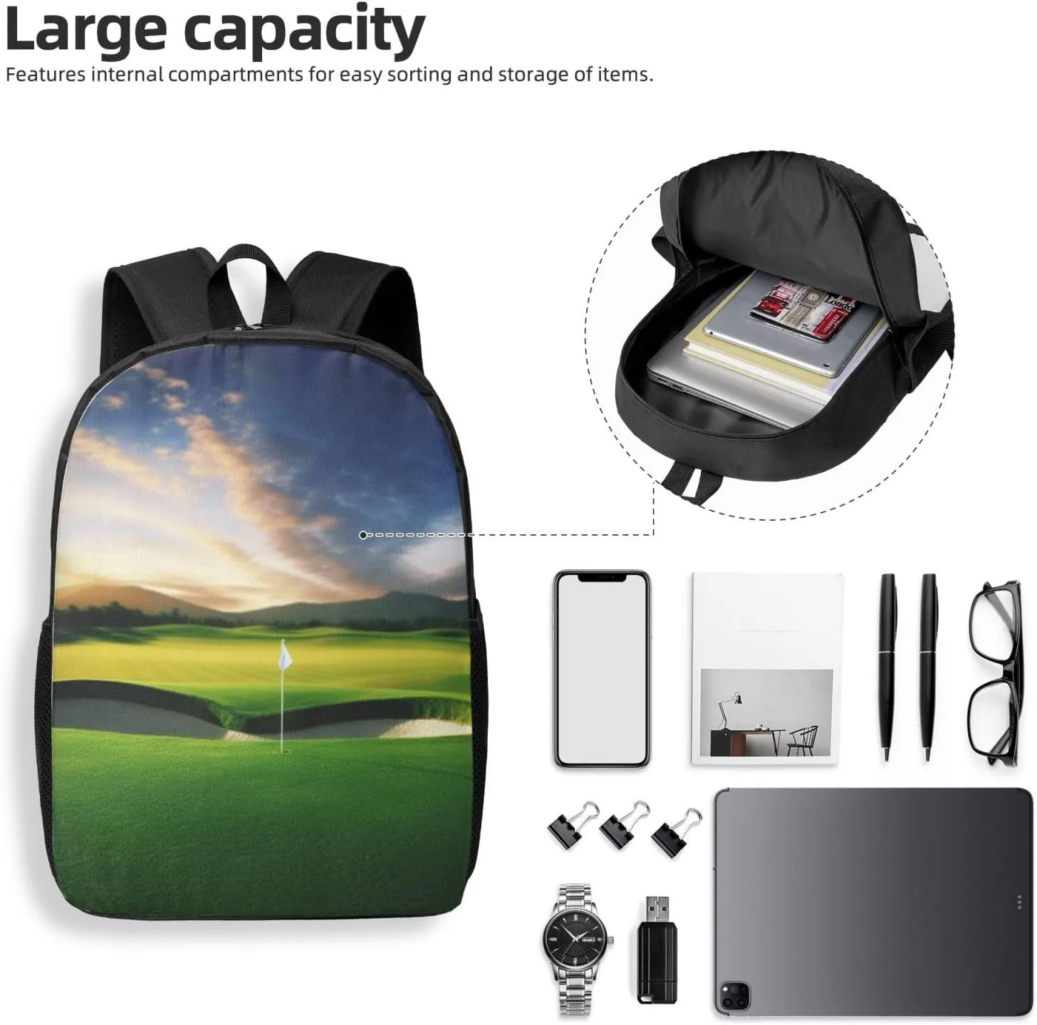 Backpack for Women Men's Casual Daypack Mandala Hiking Rucksack Outdoor Travel Bag, Golf Course, One Size