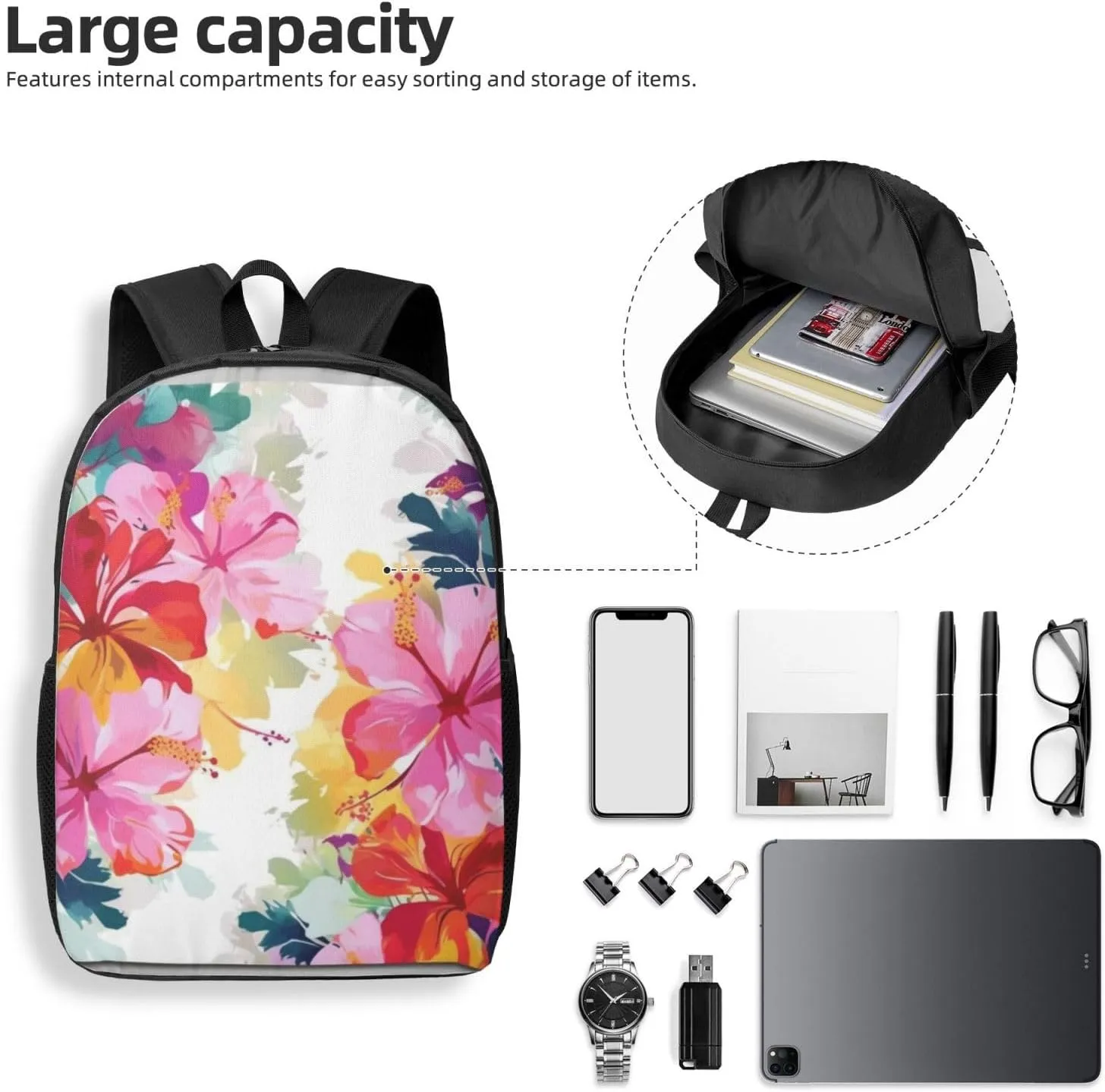 Backpack for Women Men's Casual Daypack Mandala Hiking Rucksack Outdoor Travel Bag, Hawaiian Flower, One Size