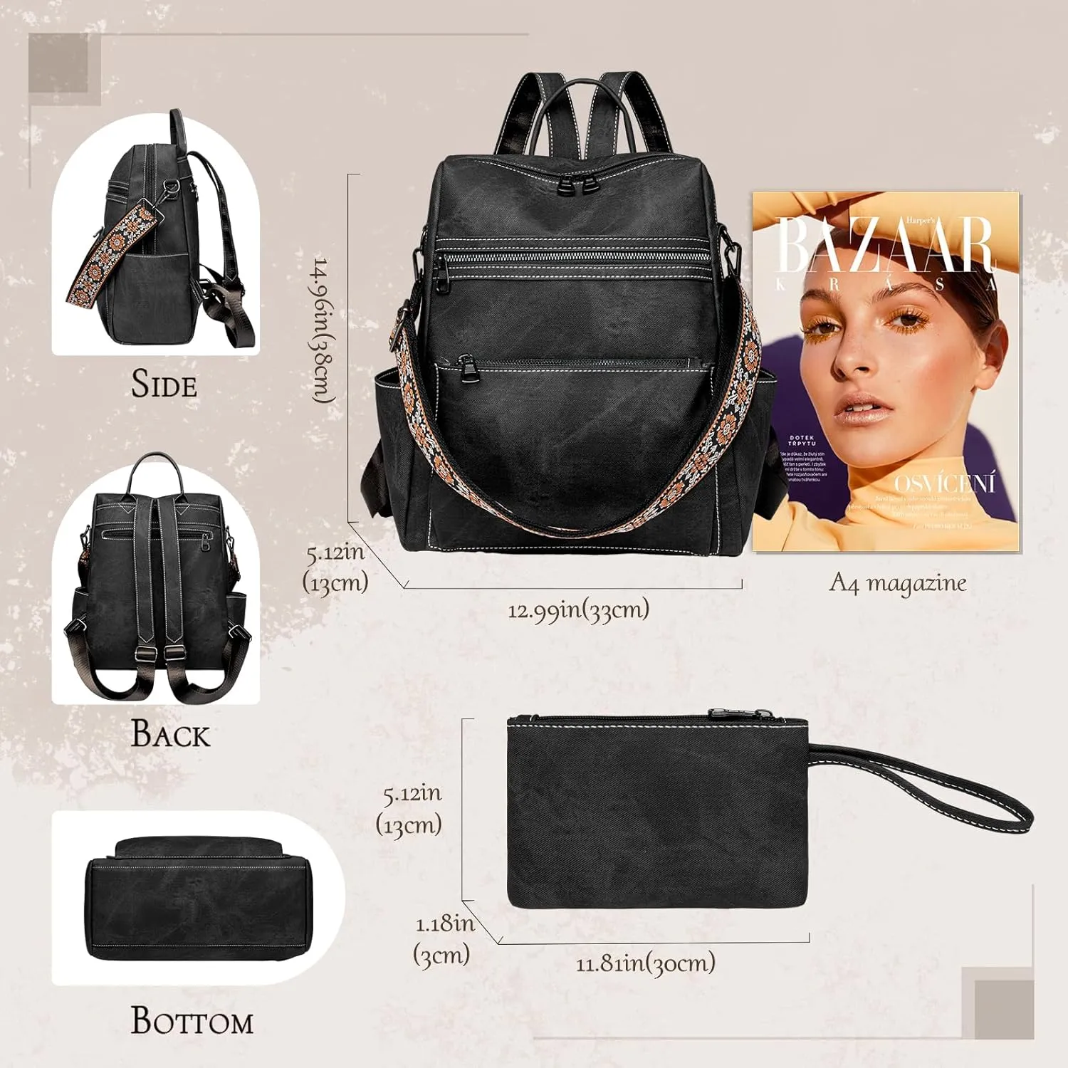 Backpack Purse for Women, Waterproof PU Leather Back pack, Lightweight Fashion Multipurpose Convertible Travel Backpack Purse Shoulder Bag Handbag, Black