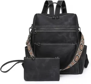 Backpack Purse for Women, Waterproof PU Leather Back pack, Lightweight Fashion Multipurpose Convertible Travel Backpack Purse Shoulder Bag Handbag, Black