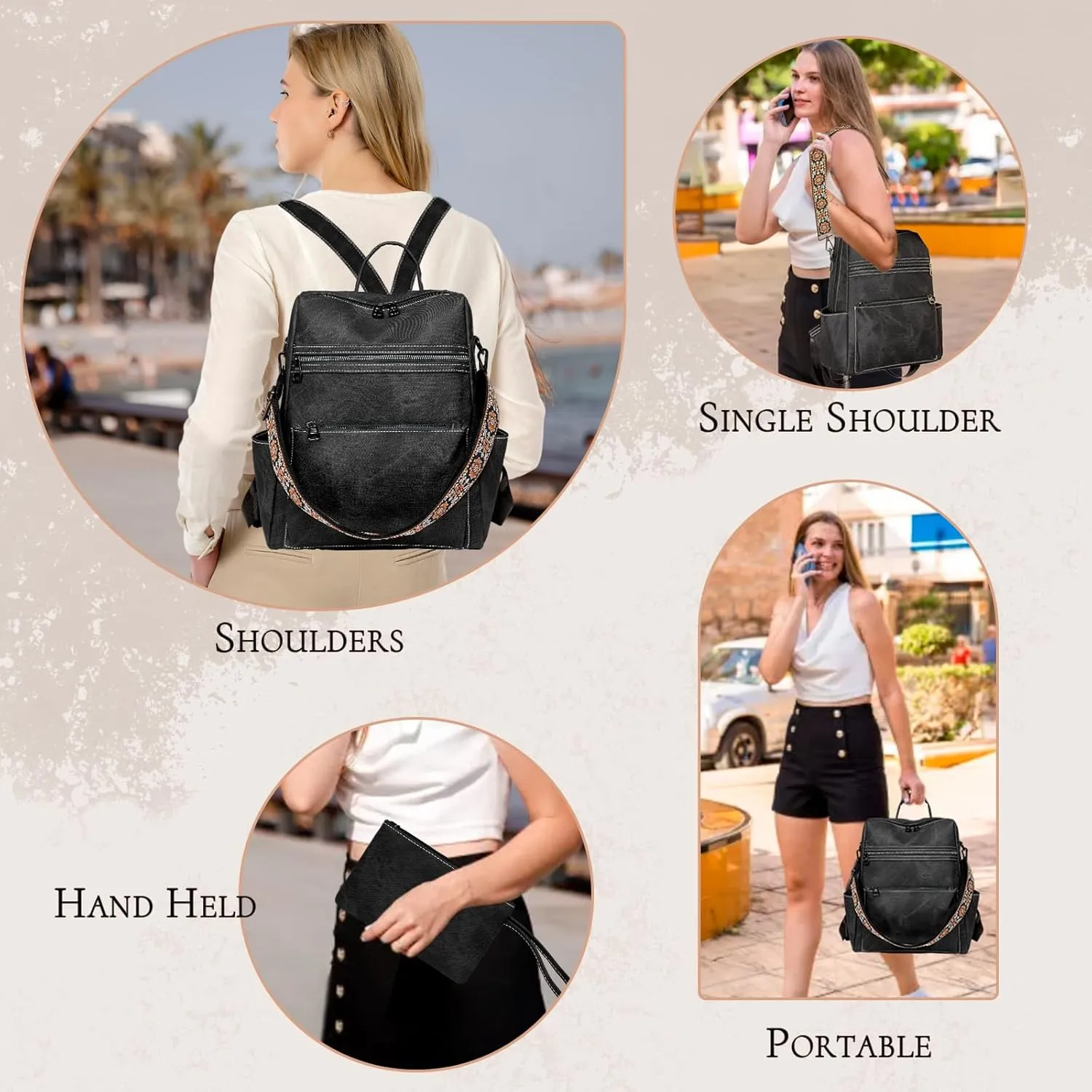 Backpack Purse for Women, Waterproof PU Leather Back pack, Lightweight Fashion Multipurpose Convertible Travel Backpack Purse Shoulder Bag Handbag, Black
