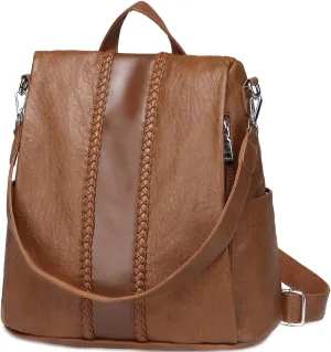 Backpack Purse for Women,VASCHY Fashion Faux Leather Anti-theft Backpack Purse Small for Ladies Bookbag Purse with Vintage Weave Brown
