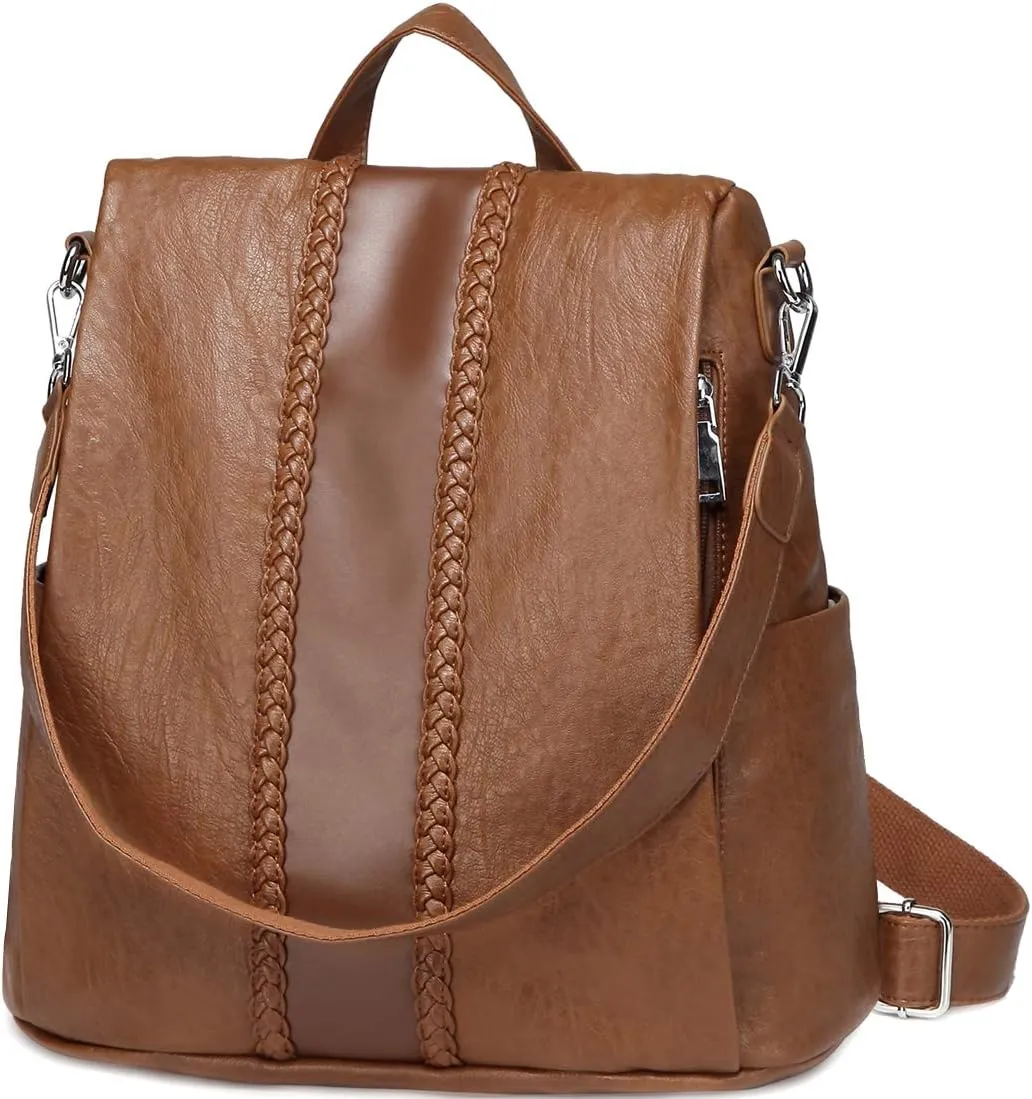 Backpack Purse for Women,VASCHY Fashion Faux Leather Anti-theft Backpack Purse Small for Ladies Bookbag Purse with Vintage Weave Brown