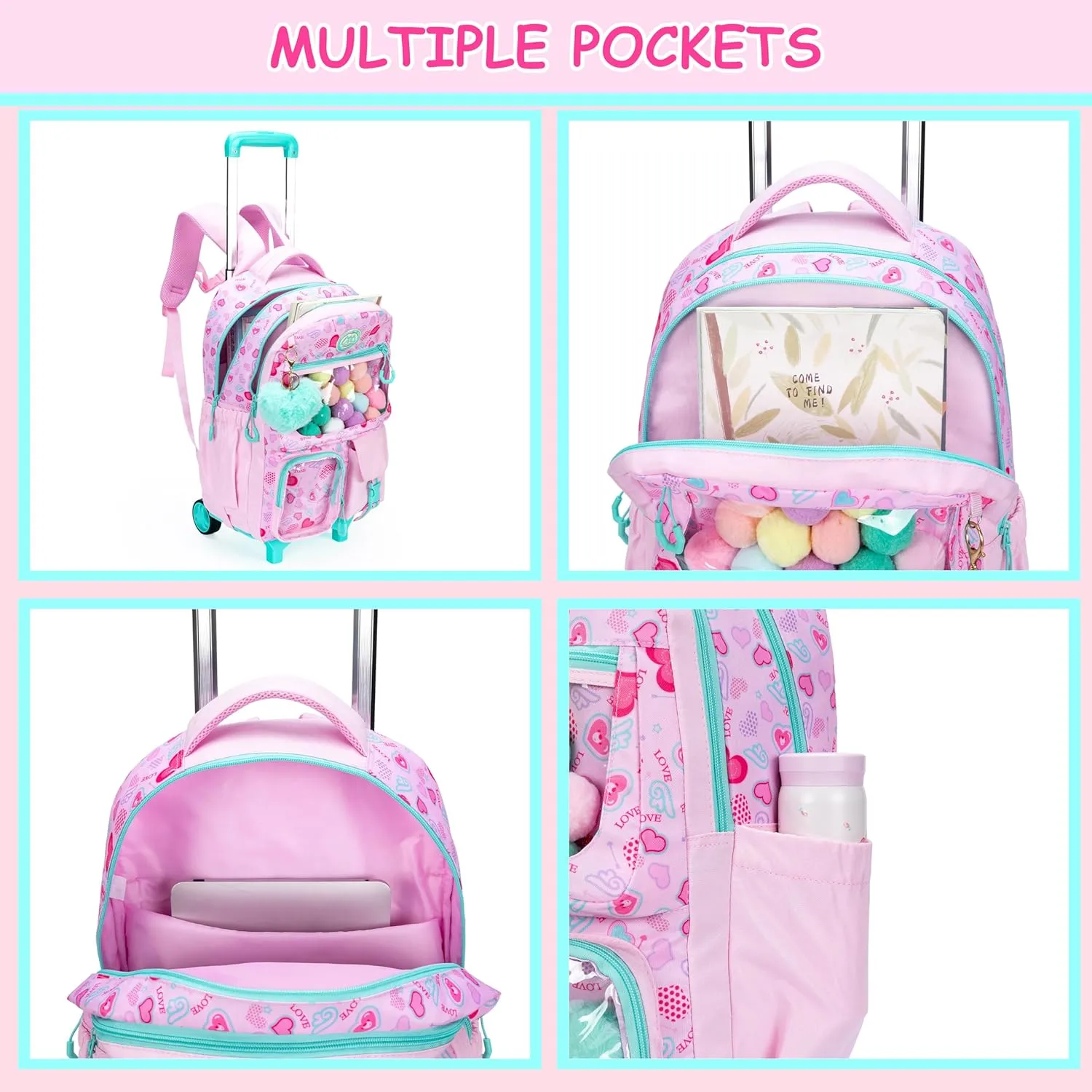 Backpack with Wheels Girls Backpack with Lunch Box Set Kids Suitcase for GirlsGirls Wheeled Backpack with Roller Cute Rolling Bookbag Backpack Pink Elementary School Bag with Wheels(Pink)