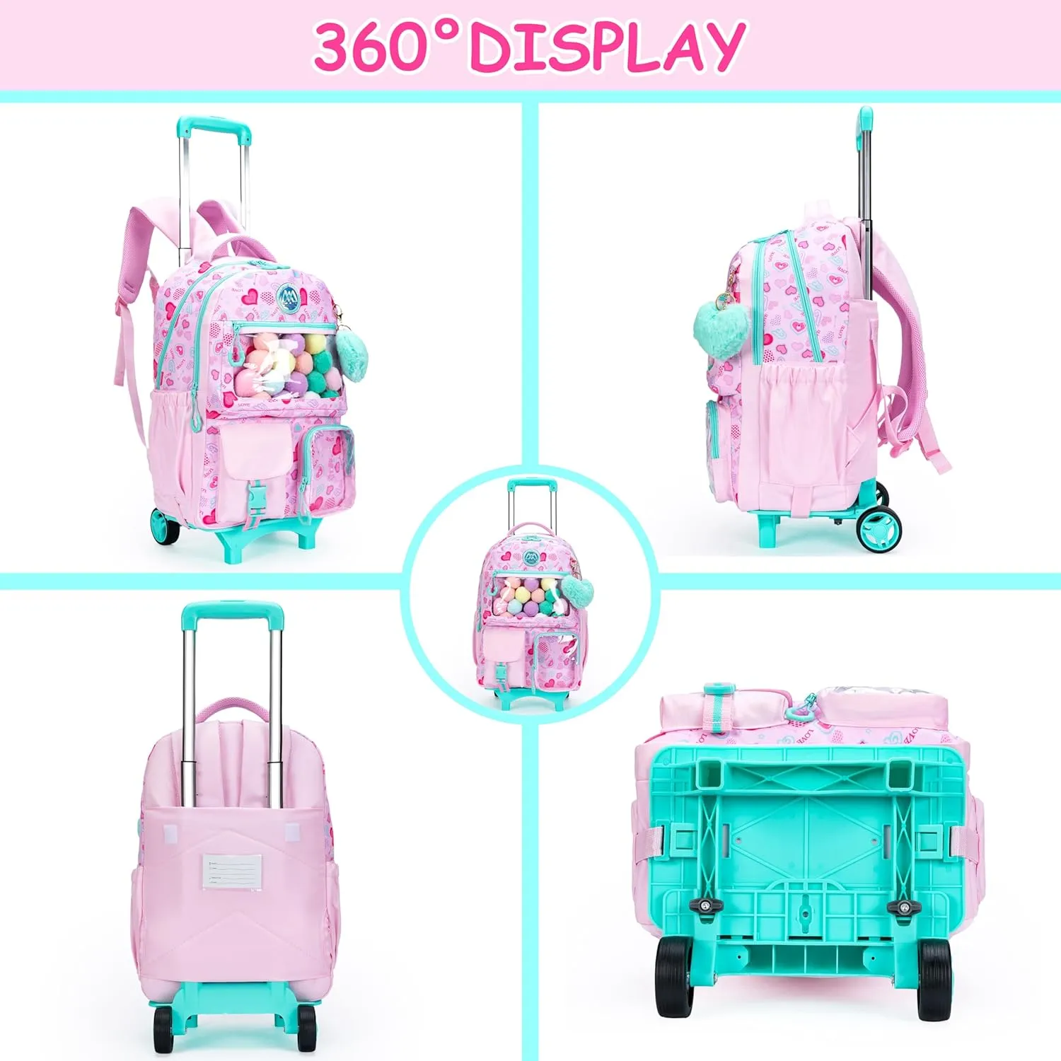 Backpack with Wheels Girls Backpack with Lunch Box Set Kids Suitcase for GirlsGirls Wheeled Backpack with Roller Cute Rolling Bookbag Backpack Pink Elementary School Bag with Wheels(Pink)