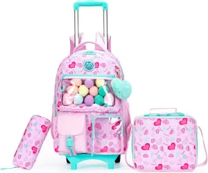 Backpack with Wheels Girls Backpack with Lunch Box Set Kids Suitcase for GirlsGirls Wheeled Backpack with Roller Cute Rolling Bookbag Backpack Pink Elementary School Bag with Wheels(Pink)