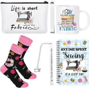 Baderke 6 Pcs Sewing Gifts for Seamstress Include Cosmetic Bag 11oz Coffee Mug Notebook Bookmark Socks Stainless Steel 3 Inch Measurement Ruler for Sewing Lover Women Mom Christmas Gift