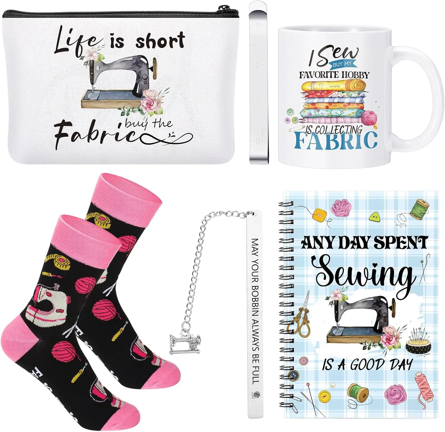 Baderke 6 Pcs Sewing Gifts for Seamstress Include Cosmetic Bag 11oz Coffee Mug Notebook Bookmark Socks Stainless Steel 3 Inch Measurement Ruler for Sewing Lover Women Mom Christmas Gift