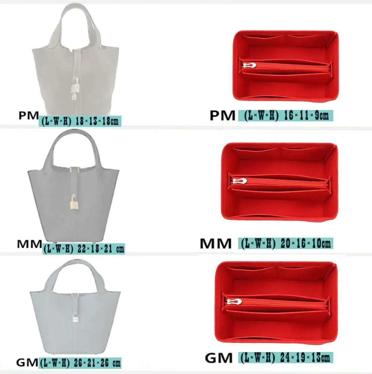 bag organizer insert for picotin 22 bag organizer Liner Bag Zipper Lid Liner Organizer 1008grey-B-M
