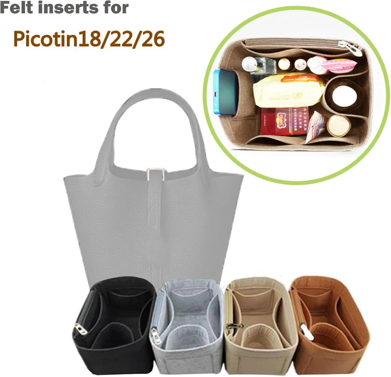 bag organizer insert for picotin 22 bag organizer Liner Bag Zipper Lid Liner Organizer 1008grey-B-M
