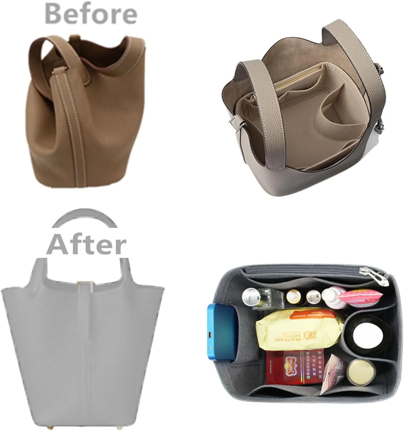 bag organizer insert for picotin 22 bag organizer Liner Bag Zipper Lid Liner Organizer 1008grey-B-M