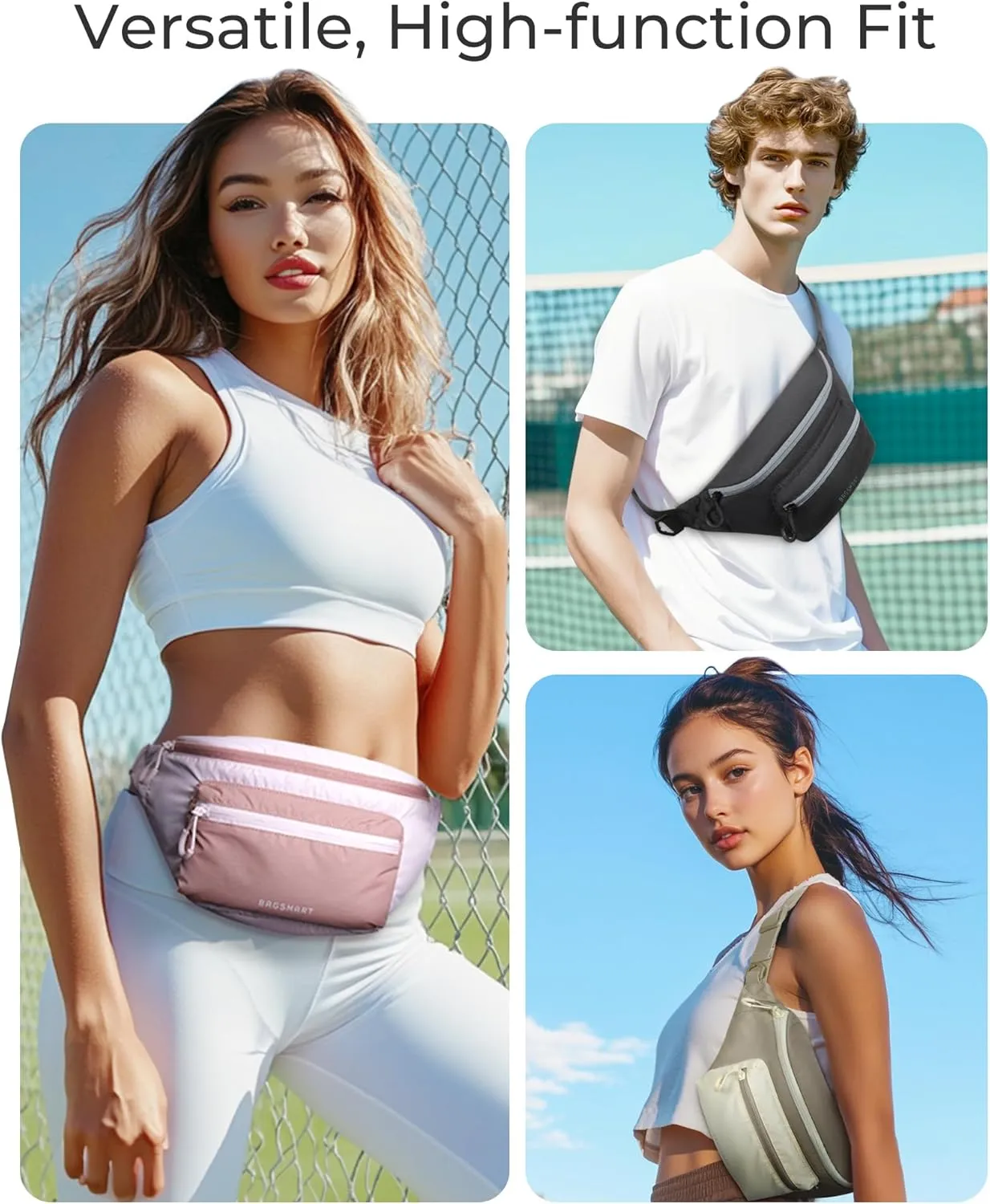 BAGSMART Fanny Packs for Women Men Crossbody Waist Bag with Adjustable Strap Belt Bag for Running Sport Travel Hiking, Black