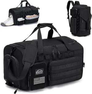 BAGZY 3 In 1 Tactical Military Travel Duffle Bag 40L with Shoe Compartment Gym Bag Backpack for Fitness Weekender Deployment Workout Black