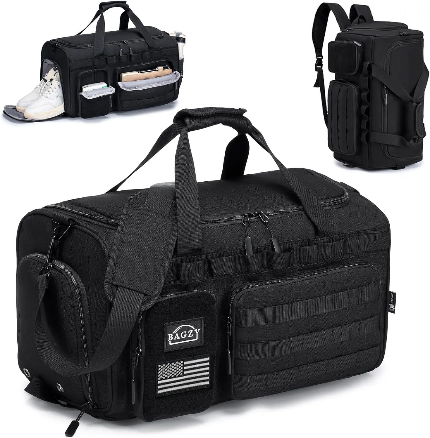 BAGZY 3 In 1 Tactical Military Travel Duffle Bag 40L with Shoe Compartment Gym Bag Backpack for Fitness Weekender Deployment Workout Black