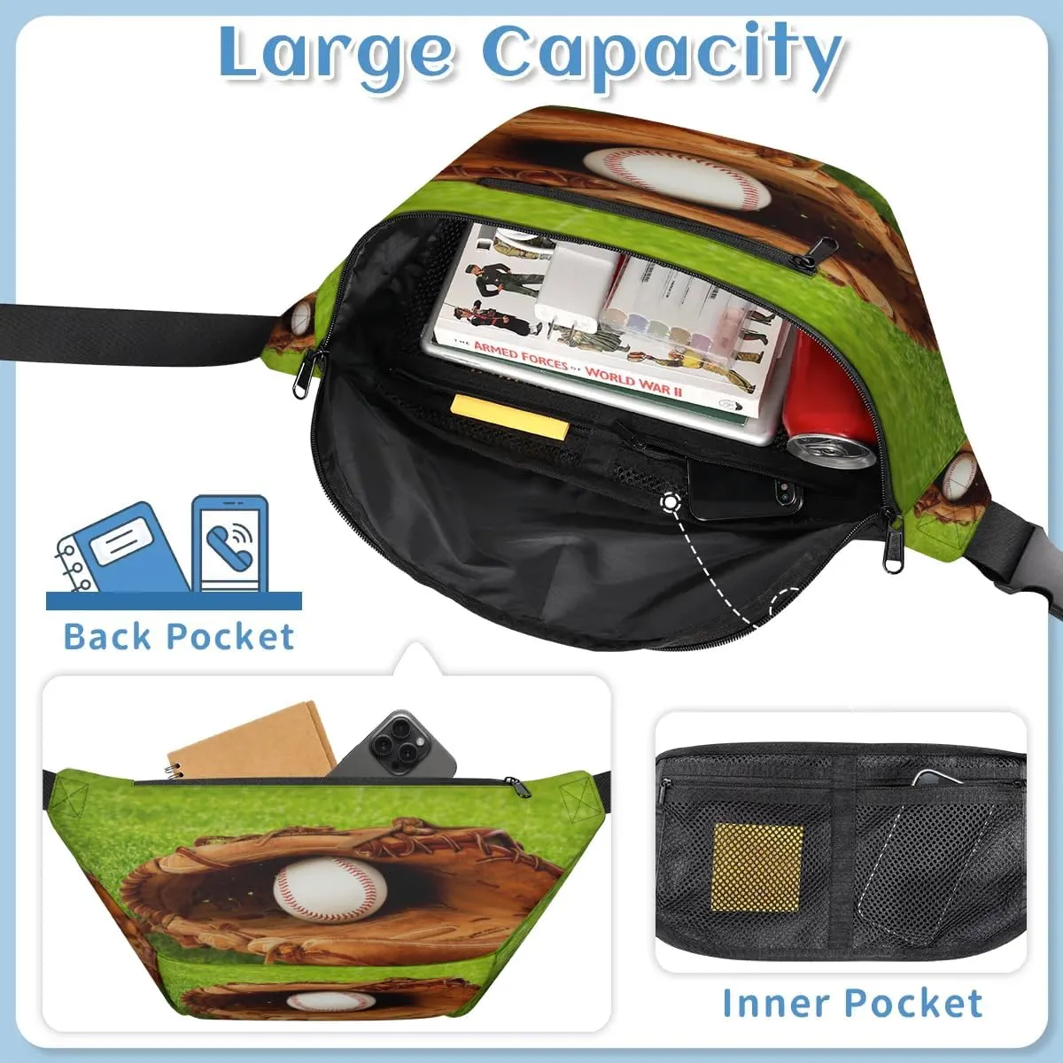Baseball Crossbody Sling Bag for Women Men Crossbody Backpack with 4 Zipper Pockets Fanny Pack Shoulder Casual Daypack for Travel Running Hiking Cycling