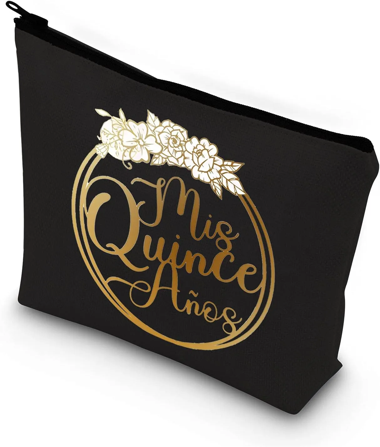 BDPWSS 15th Birthday Cosmetic Makeup Bag For Teen Girls Quinceanera Gift Mis Quince Anos Latina Spanish Zipper Pouch For Daughter (Mis Quince Anos black 2)