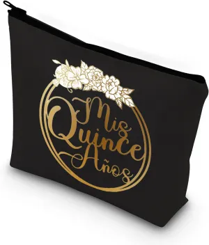 BDPWSS 15th Birthday Cosmetic Makeup Bag For Teen Girls Quinceanera Gift Mis Quince Anos Latina Spanish Zipper Pouch For Daughter (Mis Quince Anos black 2)
