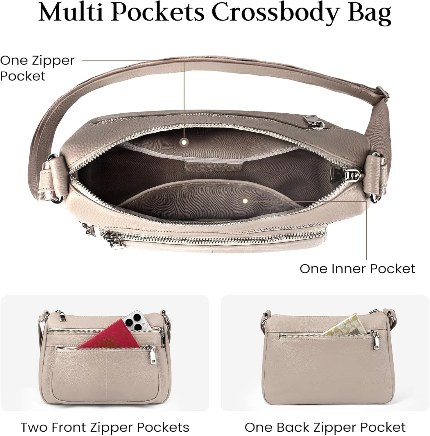 befen Genuine Leather Crossbody Purses for Women, Woman Medium Pocketbooks Shoulder Bags Handbags with Multi Zipper Pockets