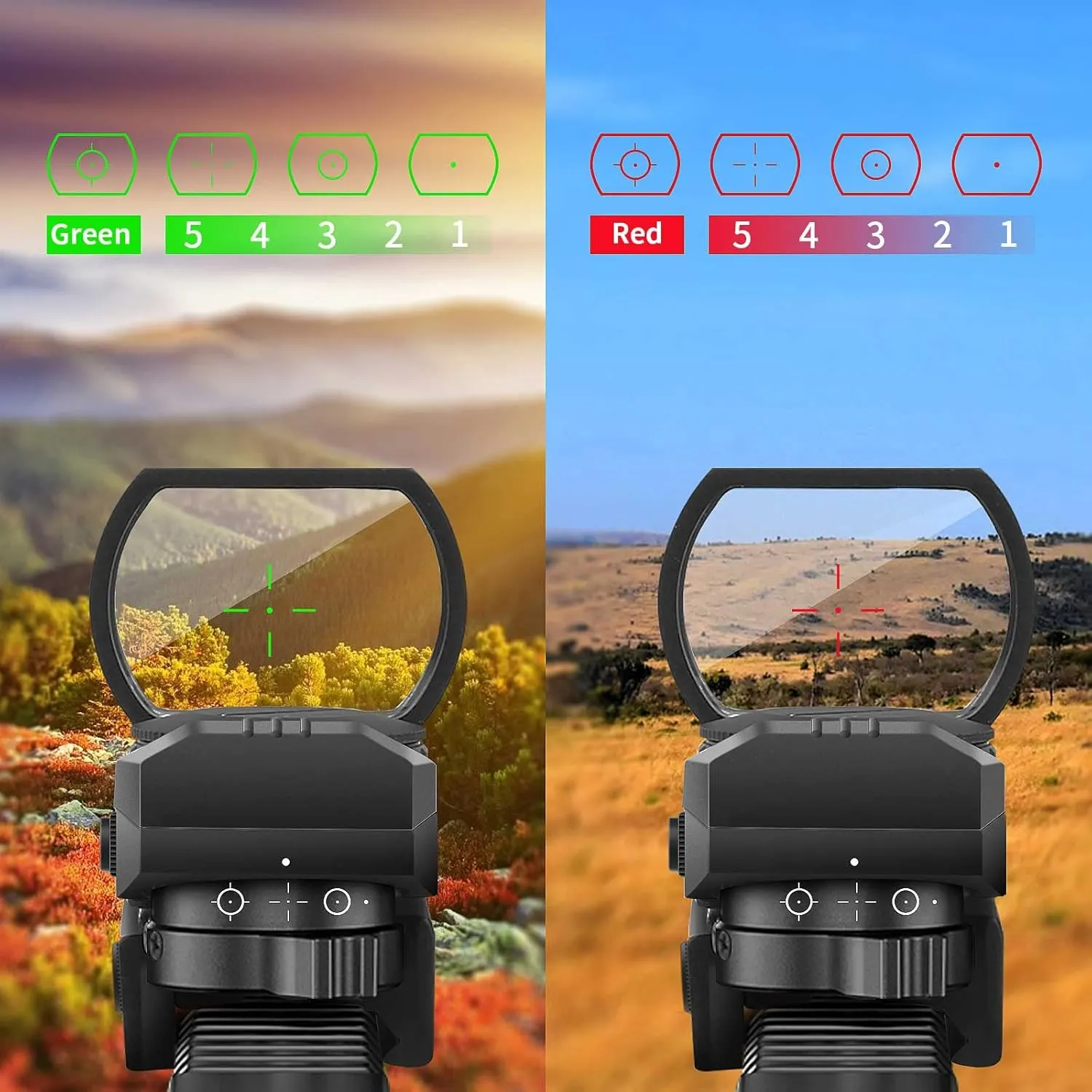 Beileshi Reflex Sight,Adjustable 4 Reticle Styles 5 Brightness Settings Red Green Dot Sight with 20mm Rail Mount