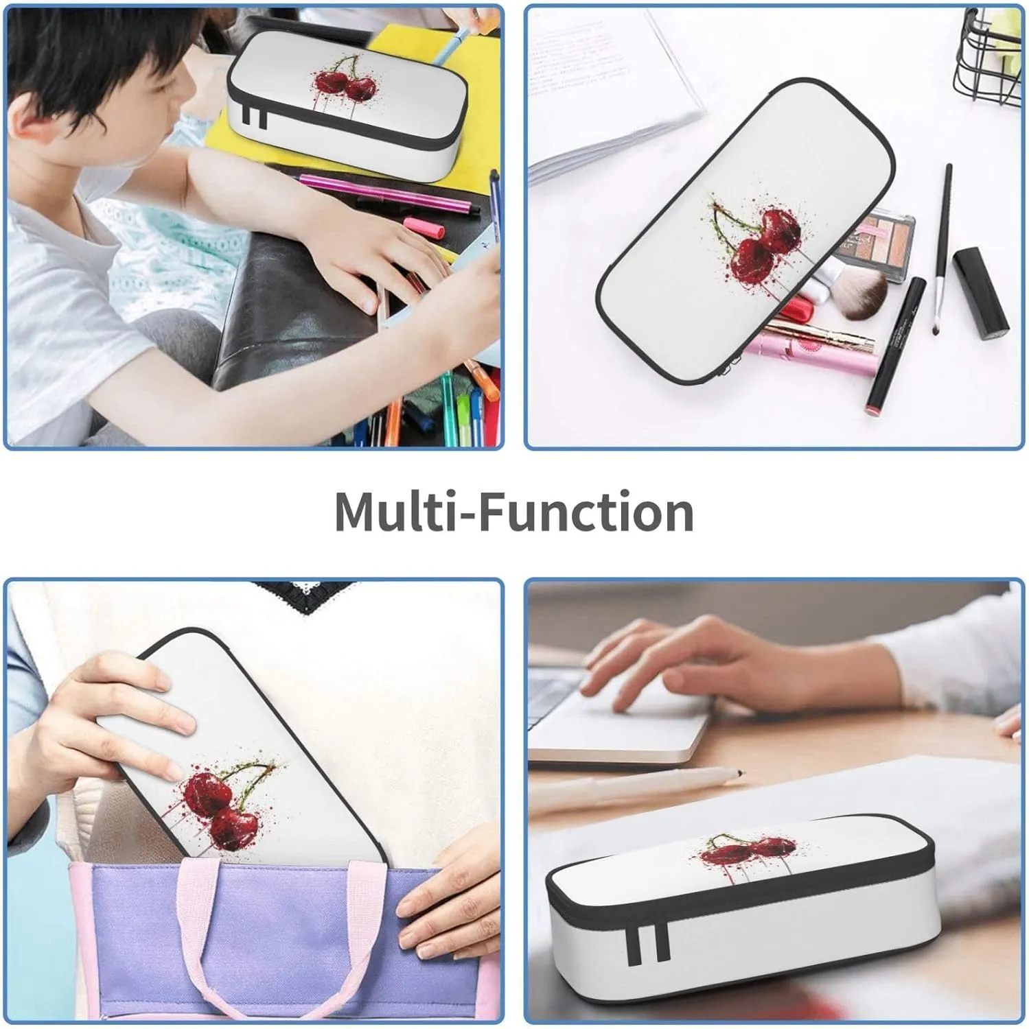 Big Capacity Soft Bag Fashion Multiple Compartment Pockets Fabric Pouch Multifunctional Storage Bag Suitble Office Desktop Daily Travel Cherry