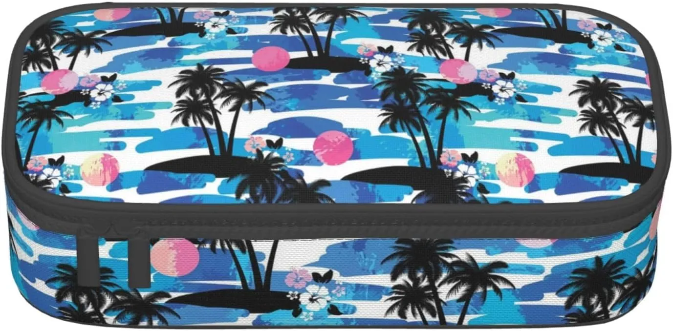 Big Capacity Soft Bag Fashion Multiple Compartment Pockets Fabric Pouch Multifunctional Storage Bag Suitble Office Desktop Daily Travel Coconut Tree