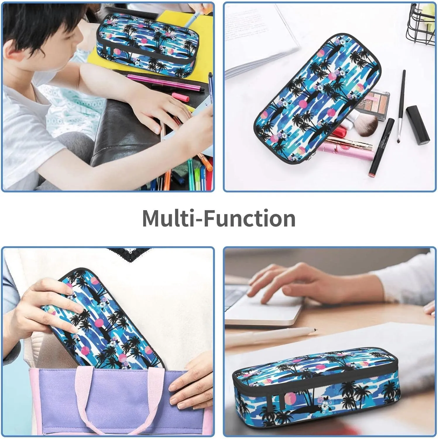 Big Capacity Soft Bag Fashion Multiple Compartment Pockets Fabric Pouch Multifunctional Storage Bag Suitble Office Desktop Daily Travel Coconut Tree