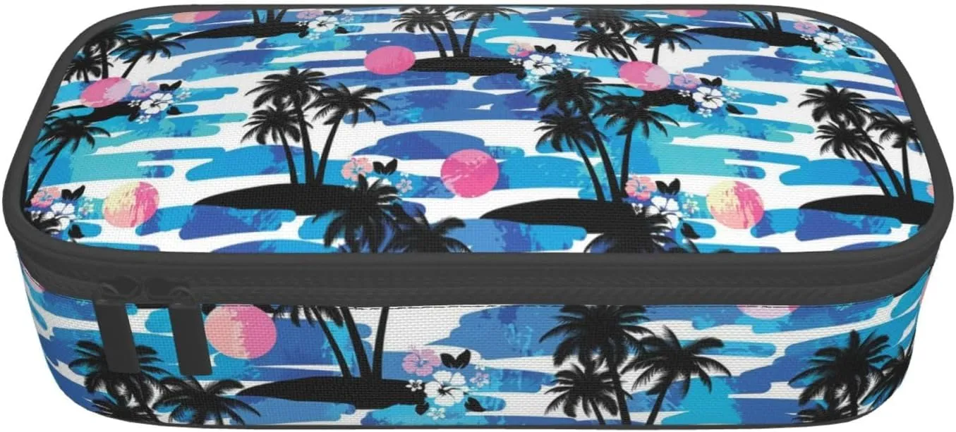 Big Capacity Soft Bag Fashion Multiple Compartment Pockets Fabric Pouch Multifunctional Storage Bag Suitble Office Desktop Daily Travel Coconut Tree