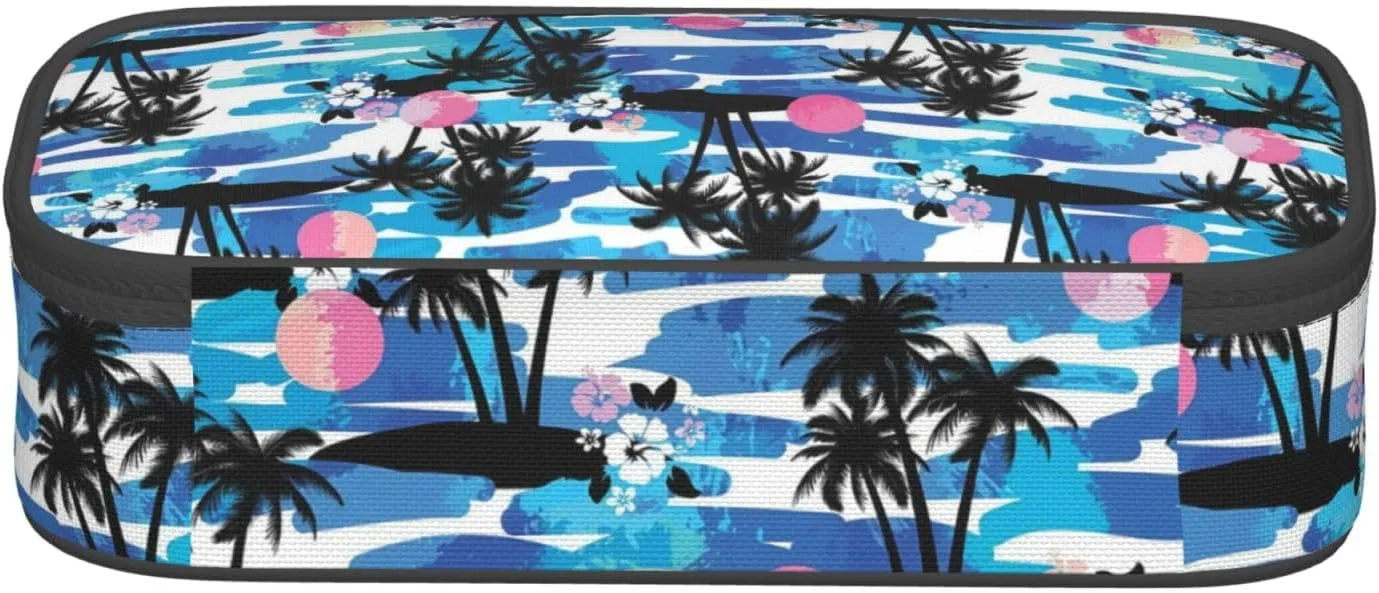 Big Capacity Soft Bag Fashion Multiple Compartment Pockets Fabric Pouch Multifunctional Storage Bag Suitble Office Desktop Daily Travel Coconut Tree
