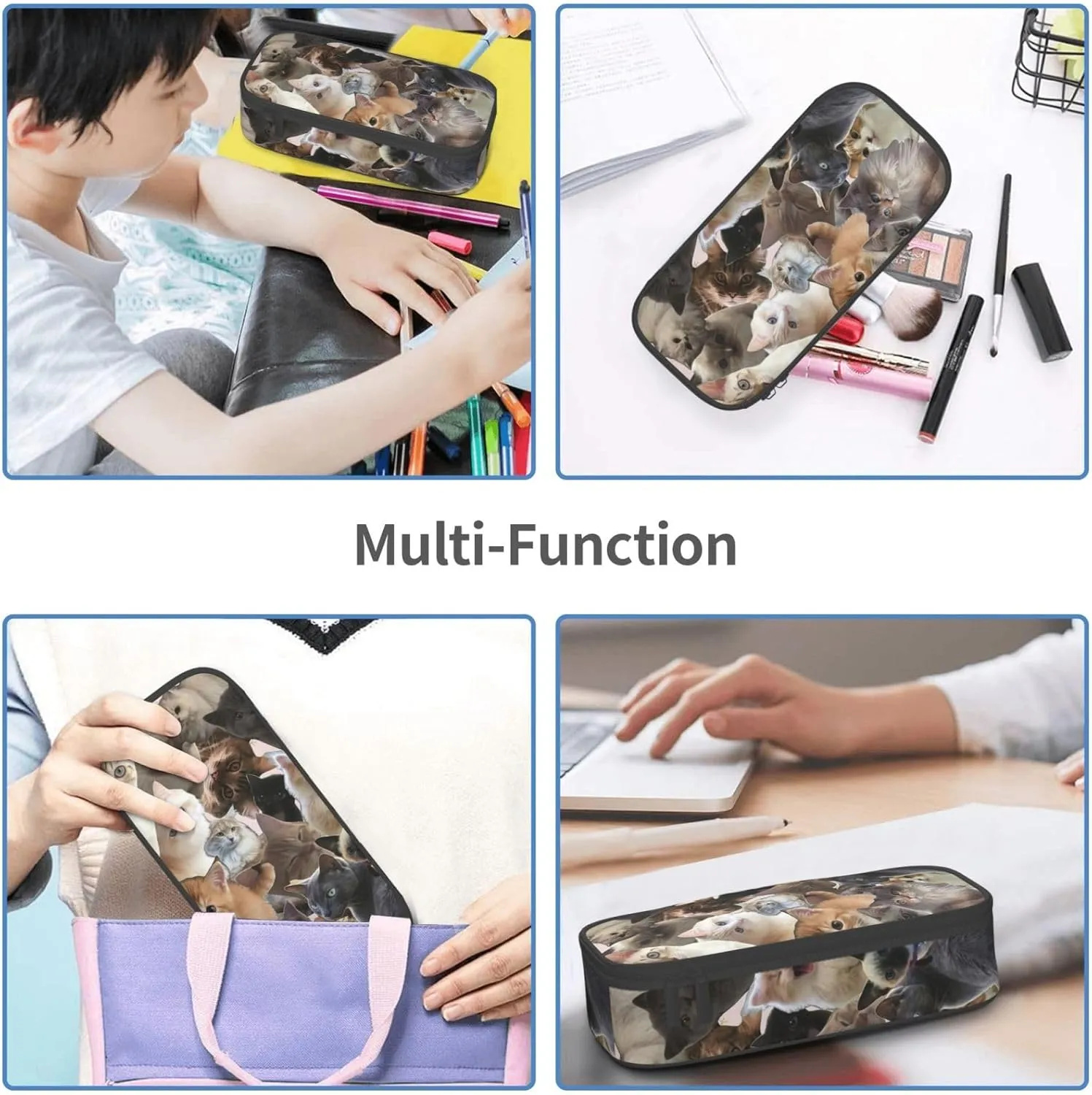 Big Capacity Soft Bag Fashion Multiple Compartment Pockets Fabric Pouch Multifunctional Storage Bag Suitble Office Desktop Daily Travel Cute Cat