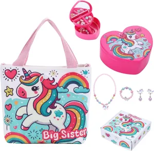 Big Sister Gifts for Girls – 6 PCS Set with Unicorn Tote Bag, Jewelry Box & Unicorn-Themed Accessories – Promoted to Big Sis Present, New Sibling Surprise for Girls Ages 3-8