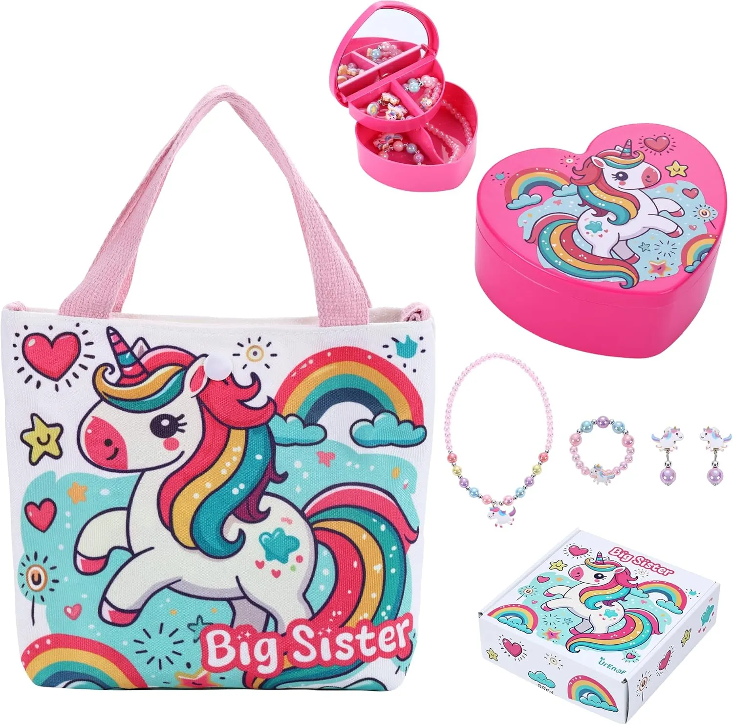 Big Sister Gifts for Girls – 6 PCS Set with Unicorn Tote Bag, Jewelry Box & Unicorn-Themed Accessories – Promoted to Big Sis Present, New Sibling Surprise for Girls Ages 3-8