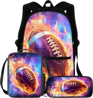 BIGCARJOB Flame Football School Backpack for Kids Boys 8-12 Year Sport Rugby Large Bookbags Set with Lunchbag Pencil Holder Set 3 Pack Preschool Middle Student Schoolbags Set