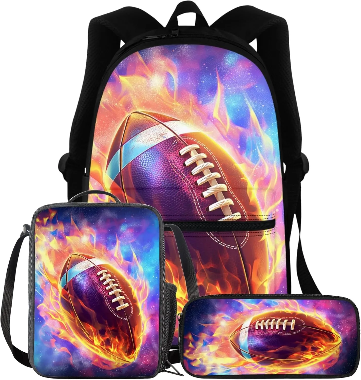 BIGCARJOB Flame Football School Backpack for Kids Boys 8-12 Year Sport Rugby Large Bookbags Set with Lunchbag Pencil Holder Set 3 Pack Preschool Middle Student Schoolbags Set