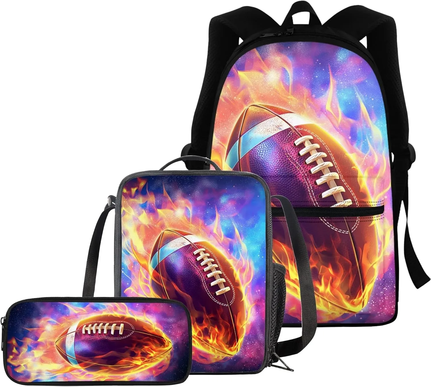 BIGCARJOB Flame Football School Backpack for Kids Boys 8-12 Year Sport Rugby Large Bookbags Set with Lunchbag Pencil Holder Set 3 Pack Preschool Middle Student Schoolbags Set