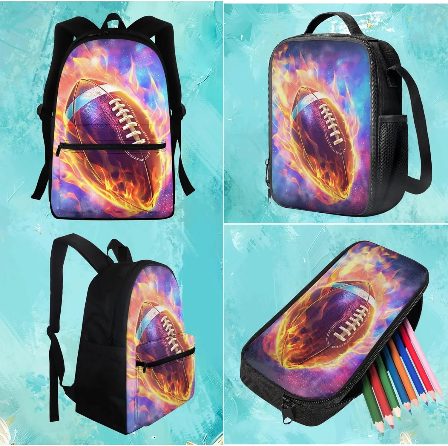 BIGCARJOB Flame Football School Backpack for Kids Boys 8-12 Year Sport Rugby Large Bookbags Set with Lunchbag Pencil Holder Set 3 Pack Preschool Middle Student Schoolbags Set