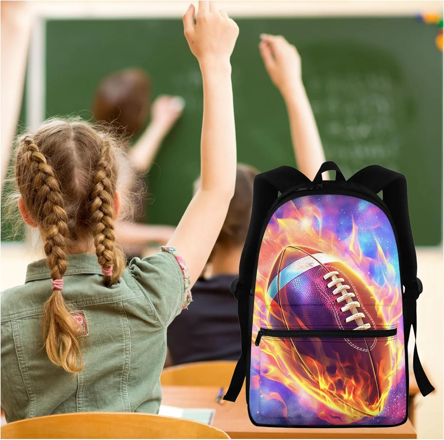 BIGCARJOB Flame Football School Backpack for Kids Boys 8-12 Year Sport Rugby Large Bookbags Set with Lunchbag Pencil Holder Set 3 Pack Preschool Middle Student Schoolbags Set