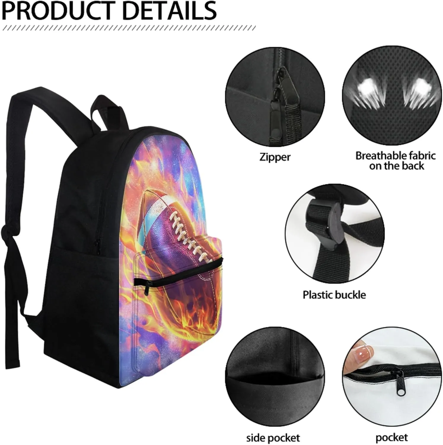 BIGCARJOB Flame Football School Backpack for Kids Boys 8-12 Year Sport Rugby Large Bookbags Set with Lunchbag Pencil Holder Set 3 Pack Preschool Middle Student Schoolbags Set