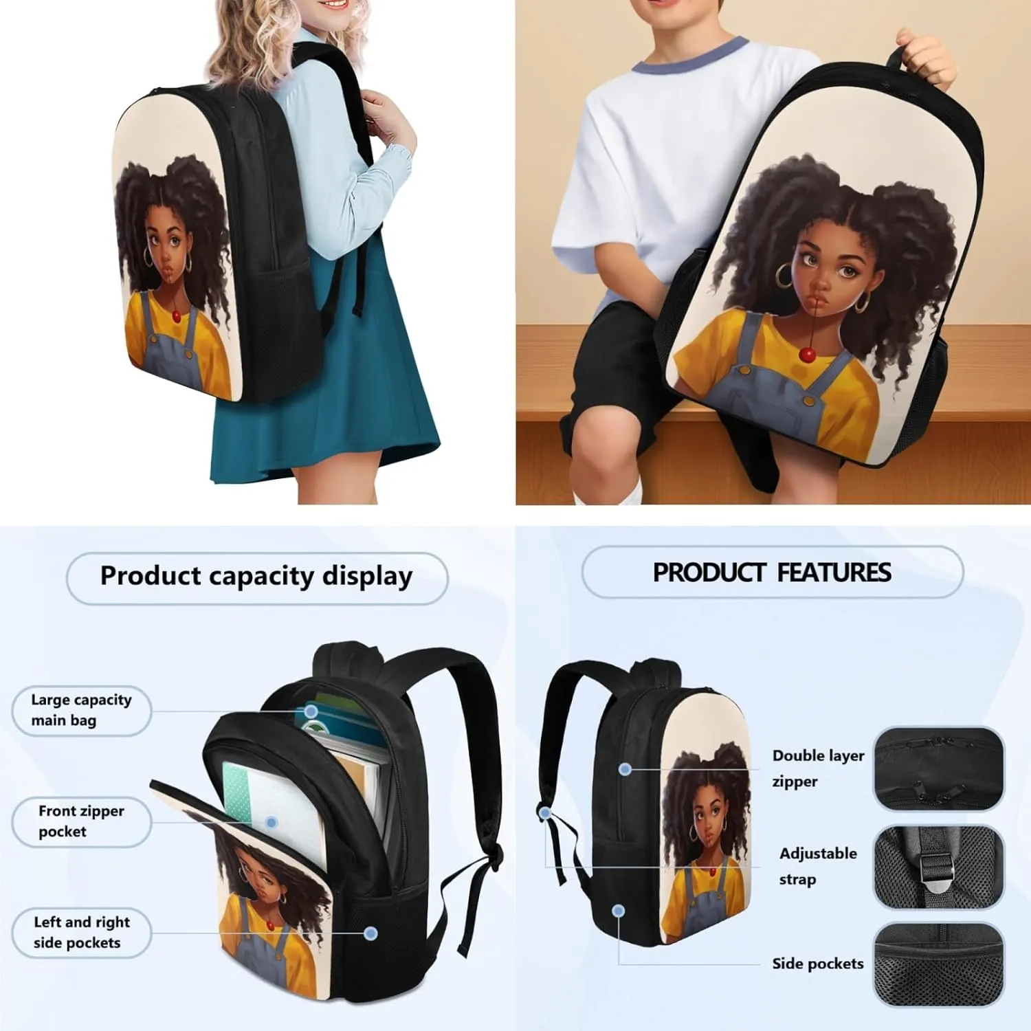 Black Afro Girl School Backpack for Children Large Storage Book Bag for Kids African Cool Girl School Bag with Lunch Box & Pencil Case for Boys Girls School Supplies