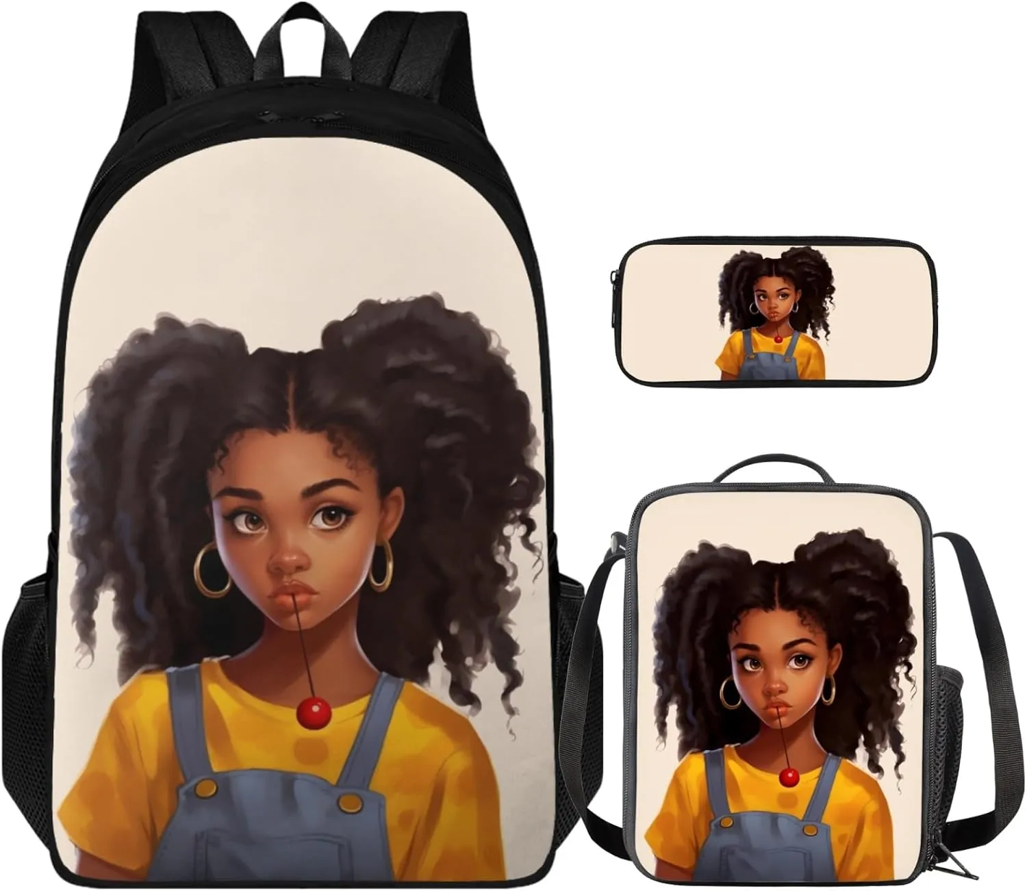Black Afro Girl School Backpack for Children Large Storage Book Bag for Kids African Cool Girl School Bag with Lunch Box & Pencil Case for Boys Girls School Supplies