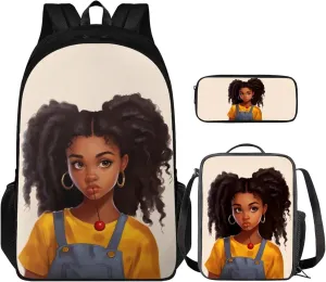 Black Afro Girl School Backpack for Children Large Storage Book Bag for Kids African Cool Girl School Bag with Lunch Box & Pencil Case for Boys Girls School Supplies