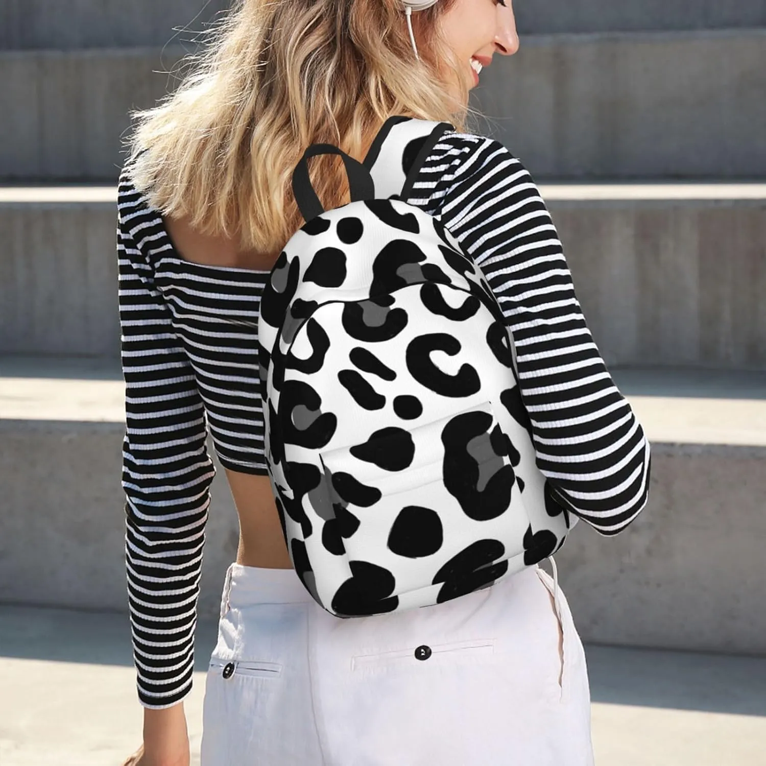 Black and White Leopard Print Canvas casual lightweight backpack