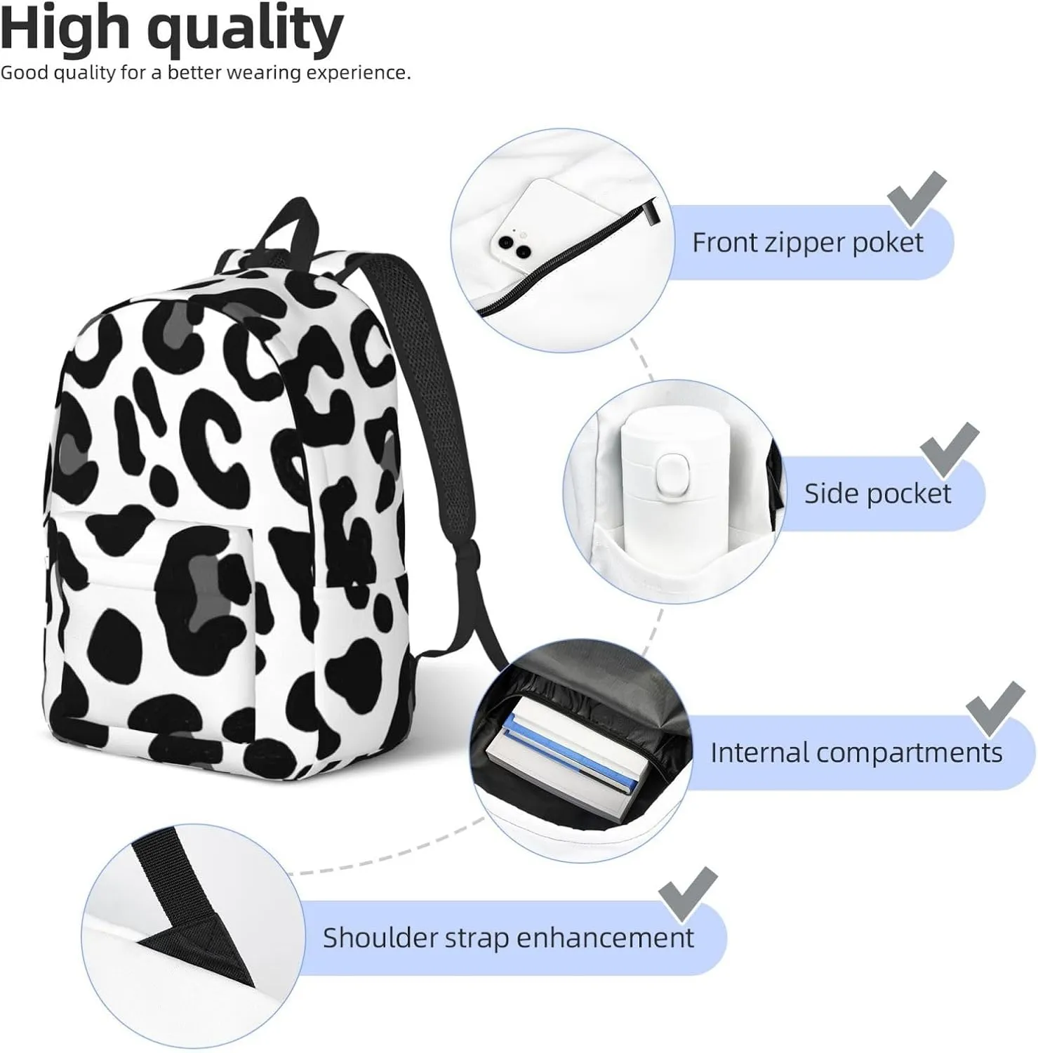 Black and White Leopard Print Canvas casual lightweight backpack