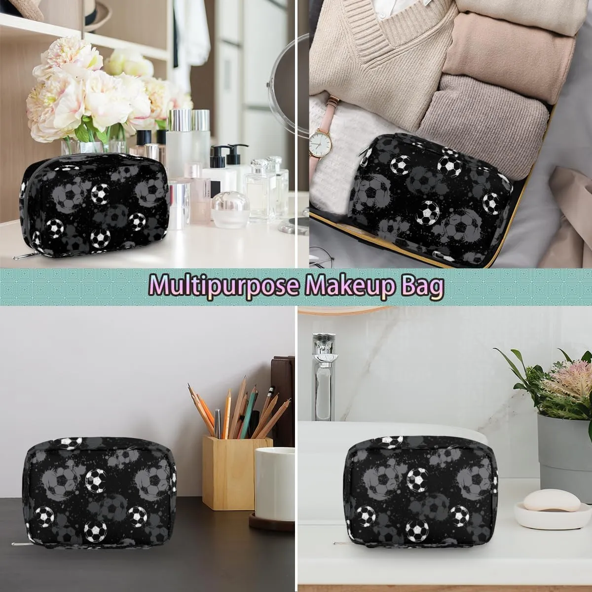 Black and White Soccer Travel Toiletry Bag for Boys Men, Waterproof Shaving Bag with Large Capacity for Travel,Sports,Shower, Cute Small Dopp Kit for Women