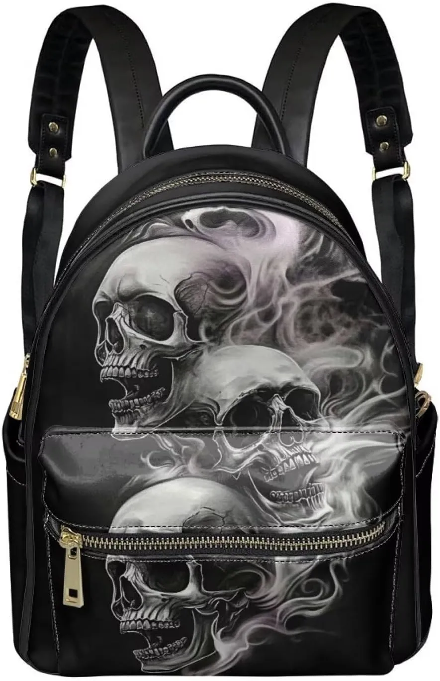 Black Skull Mini Backpack for Women Casual PU Leather Backpack Work Daypack Waterproof Travel Shoulders Bag with Front Zipper Pocket