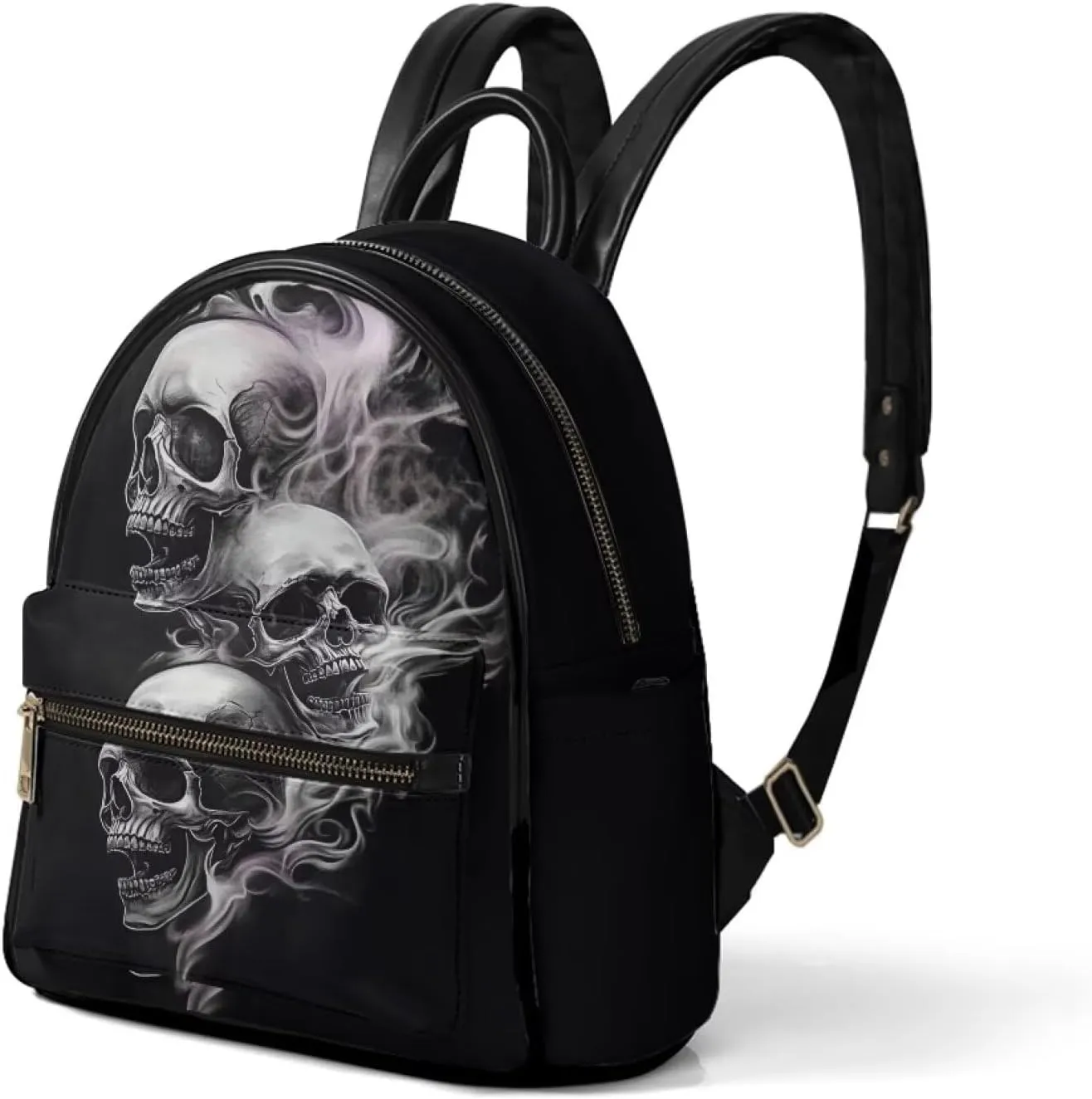 Black Skull Mini Backpack for Women Casual PU Leather Backpack Work Daypack Waterproof Travel Shoulders Bag with Front Zipper Pocket
