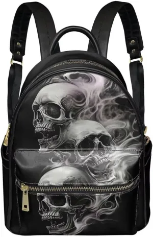 Black Skull Mini Backpack for Women Casual PU Leather Backpack Work Daypack Waterproof Travel Shoulders Bag with Front Zipper Pocket